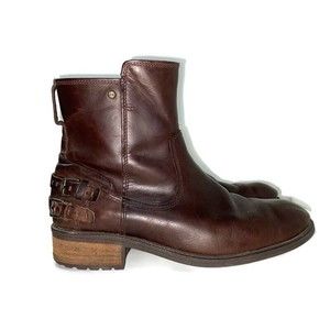 Women's 9.5 UGG Orion Brown Leather Boot Buckle Heel Straps Side Zip Wool Insole